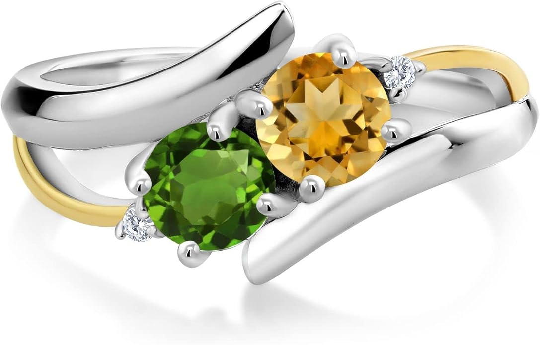 925 Sterling Silver and 10K Yellow Gold Build Your Own Customized and Personalized Engraved 2-Stone Round Birthstones and White Lab Grown Diamond Women Ring (Available In Size 5, 6, 7, 8, 9)