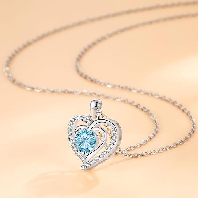 Heart Necklace, I Love You Always & Forever, Birthstone Cubic Zirconia Pendant, Gift for Women