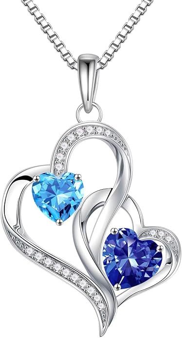 Iefil Birthstone Necklace for Women - 925 Sterling Silver Double Birthstone Heart Necklace | Anniversary Birthday Gifts for Women | Personalized Gifts | Jewelry Gifts for Wife Mom Girlfriend