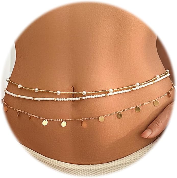 JFORYOU Waist Chain for Women Layered Belly Chain for The Waist Adjustable Waterproof Sexy Bikini Satellite Beads Chain Summer Non Tarnish Body Chain Jewelry for Women