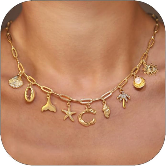 Initial Charm Necklace For Women Shell Letter Necklaces Gold Charms Pendant Boho Summer Seashell Beach 14k Starfish Surfer Jewelry Gifts