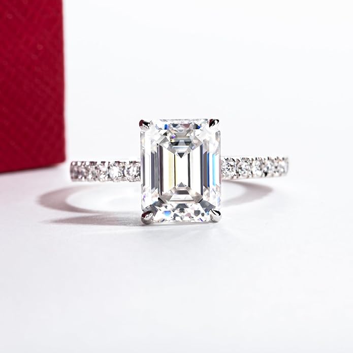 14K Solid Gold Side Stones Ring, Round/Princess Cut Centerpiece Moissanite Lab Grown Created Diamond, D Color and Flawless Real Gold Wedding Anniversary Ring