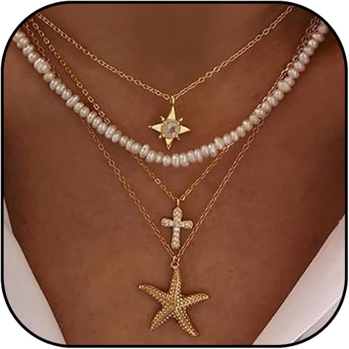 Choistily Charm Necklace Dainty Gold Western Outfit Beach Jewelry for Women Trendy Cowgirl Accessories for Women Gold Bow Sea Shell Pendant Necklace Preppy Stuff Summer Jewelry 2025