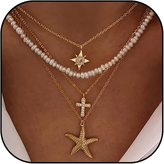 Choistily Charm Necklace Dainty Gold Western Outfit Beach Jewelry for Women Trendy Cowgirl Accessories for Women Gold Bow Sea Shell Pendant Necklace Preppy Stuff Summer Jewelry 2025