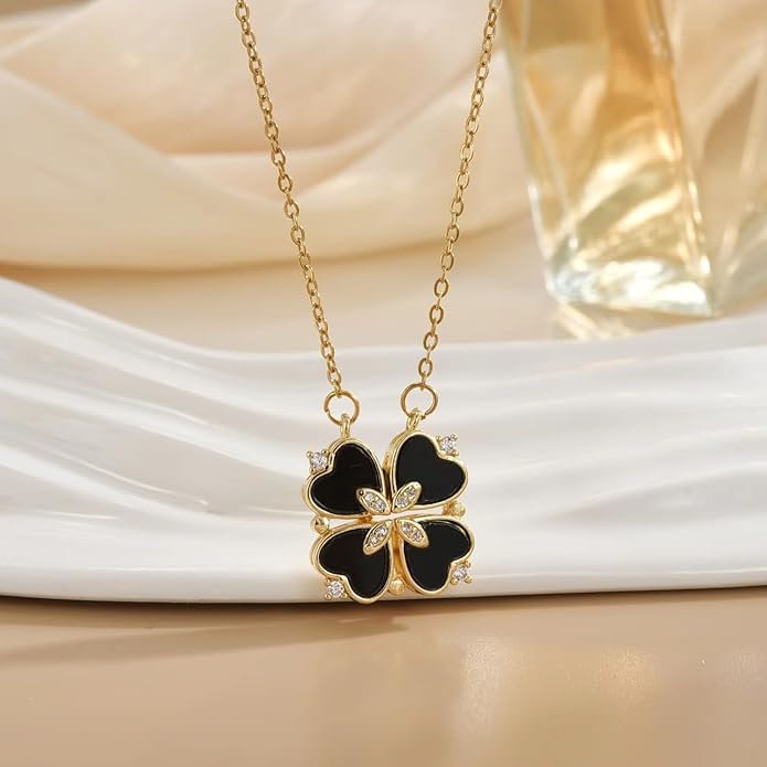 18K Gold Stainless Steel Gold Plated Necklace with Clove Hearts Charm - Can Be Worn Two Ways (Elegant A)