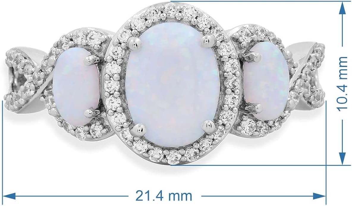 Jewelili Sterling Silver 8X6 MM and 5X3 MM Oval Created Opal and Round Created White Sapphire 3-Stone Engagement Ring