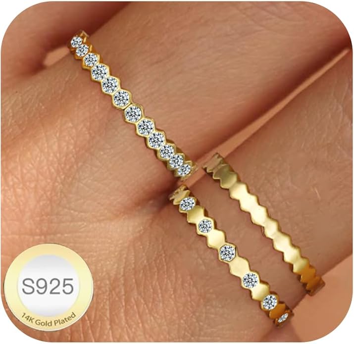 WEDDINEN Stackable Sterling Silver Rings for Women Non Tarnish Dainty 14K Gold Plated Stack Thin Rings Cubic Zirconia Thumb Ring Set Statement Wedding Bands Engagement Rings Jewelry Gifts Size 6-10