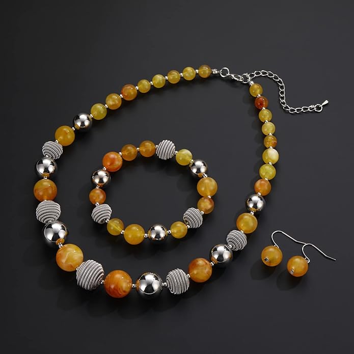 PEARL&CLUB Beaded Chunky Statement Necklace Earring and Bracelet Set Silver Metal Bead Fashion Jewelry Set Mothers’ Day Gifts for Women