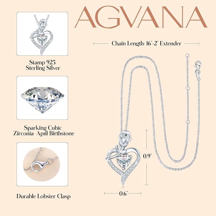 AGVANA Rosy Reverie Birthstone Necklace for Women Sterling Silver Genuine or Created Gemstone Rose Flower Heart Pendant Necklace Anniversary Birthday Gifts for Women Mom Wife Her