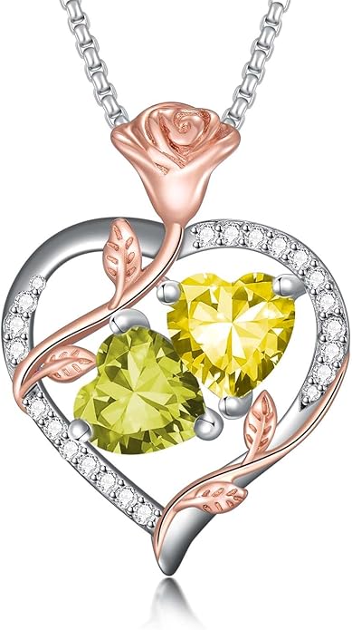 Jewelry for Her Double Heart Rose Birthstone Pendant Necklace Anniversary Jewelry Christmas Birthday Gifts for Women Wife Girlfriend