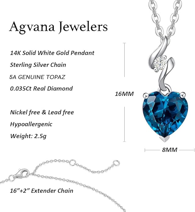 AGVANA 14K Solid White Gold Diamond Gemstone Pendant with Sterling Silver Chain 8mm Heart Birthstone Necklace Fine Jewelry Anniversary Birthday Gifts for Women Mom Wife