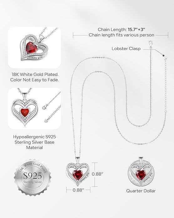 S925 Sterling Silver Necklace for Women, Wife Jewelry Rose Gold, Mom Birthday Valentines Mothers Day Gifts, Girlfriend Necklaces, Daughter Heart Jewel, Anniversary for Her