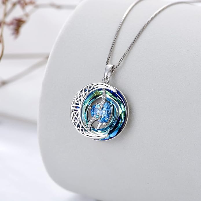 TOUPOP Birthstone Necklace 925 Sterling Silver Moon and Star Pendant with Blue Crystal Celtic Moon Jewelry Birthday Christmas Gifts for Women Mom Wife Her Daughter