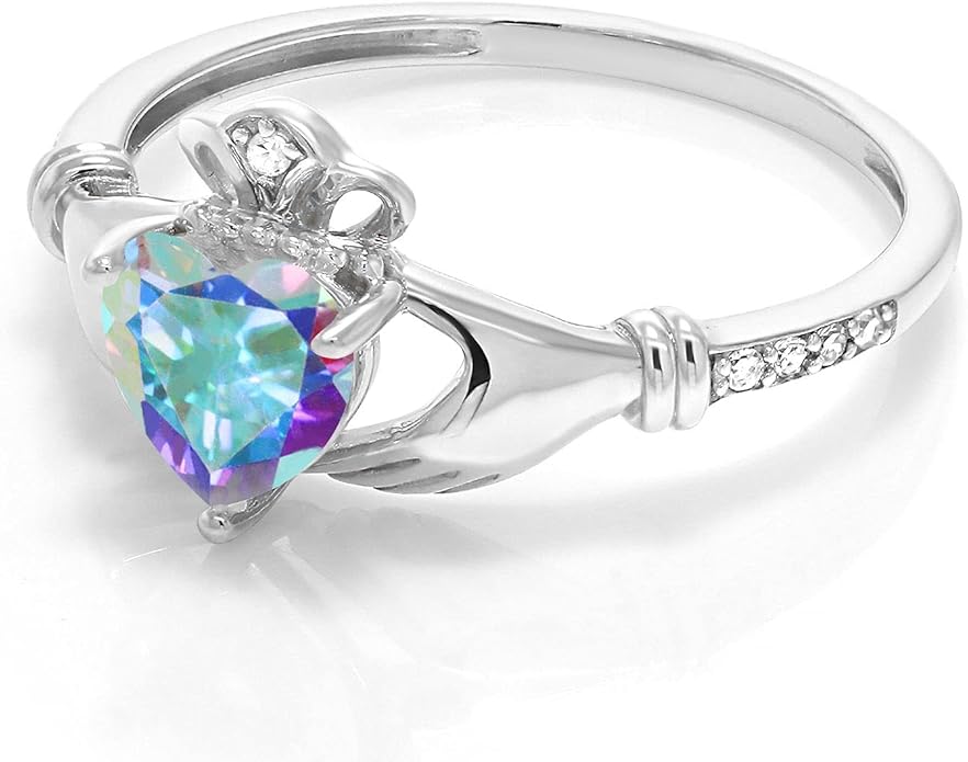 Gem Stone King 10K White Gold 6MM Heart Shape Gemstone Birthstone and White Diamond Irish Celtic Claddagh Engagement Ring | Gold Ring For Women | Available In Size 5, 6, 7, 8, 9