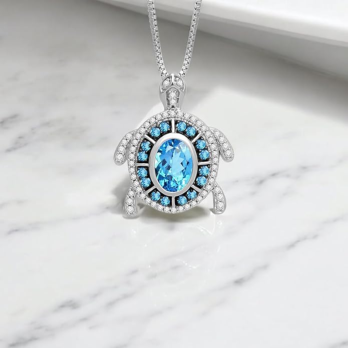 Jewelili Sterling Silver Turtle Birthstone Pendant Necklace | 7X5 MM Oval & 1.25 MM Round Cut Birthstone with Round Created White Sapphire Gemstones | 18" Box Chain | Luxury Jewelry Gift for Her | Gift Box Included