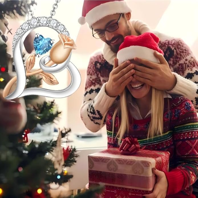 Rose Flower Heart Birthstone Necklaces for Women, 925 Sterling Silver Anniversary Jewelry, Pendant Heart Necklaces Birthday Anniversary Christmas Gift for Women Wife Mom Girlfriend Lady