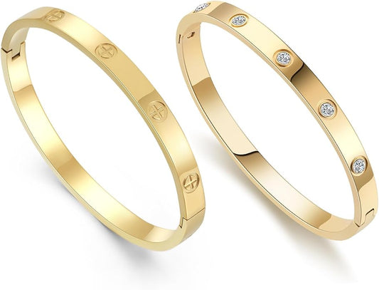 2-Pack Friendship Bracelets for Women - 18K Gold Plated Titanium Steel Cuff Love Bangle Set with Cubic Zirconia | Sister Jewelry Gift, Eco-Friendly Packaging, Durable Everyday Wear