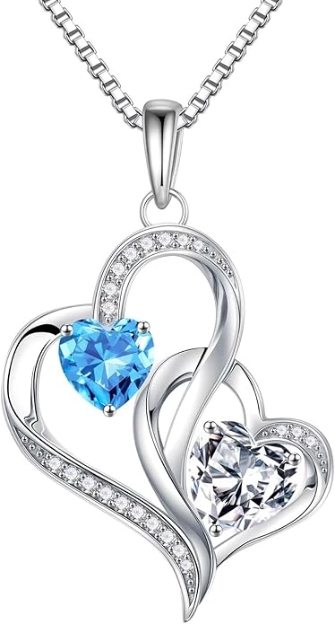 Iefil Birthstone Necklace for Women - 925 Sterling Silver Double Birthstone Heart Necklace | Anniversary Birthday Gifts for Women | Personalized Gifts | Jewelry Gifts for Wife Mom Girlfriend