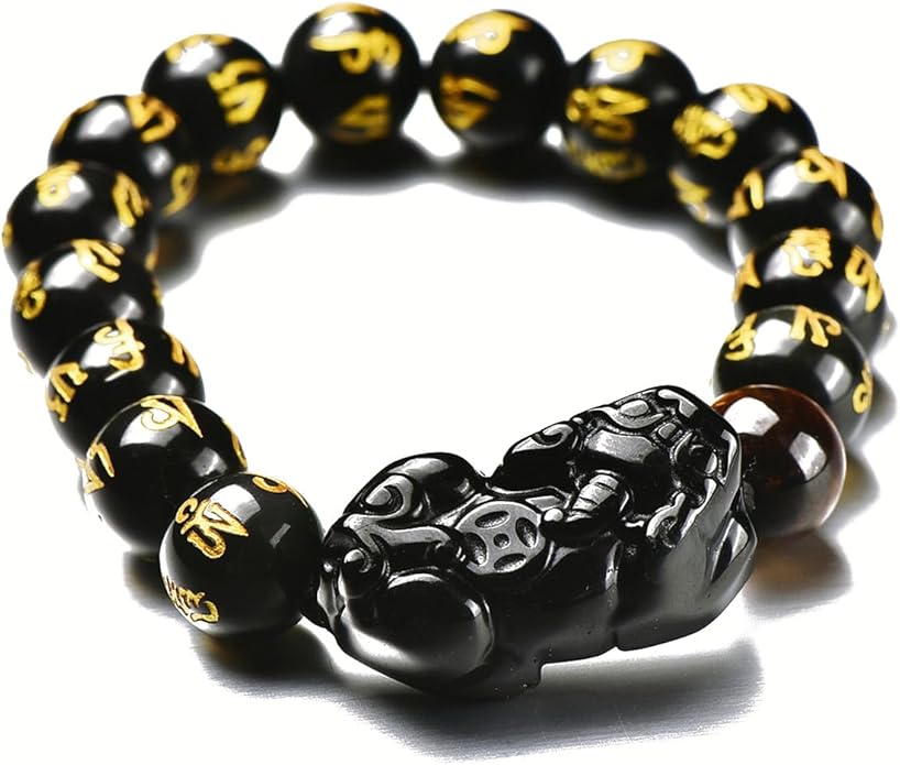 Black Obsidian Bracelet,Feng Shui Black Obsidian Wealth Bracelet for Women Men Stretch Obsidian Bracelet Bangle with Pixiu Tiger Eye Stone Attract Wealth Money and Good Luck