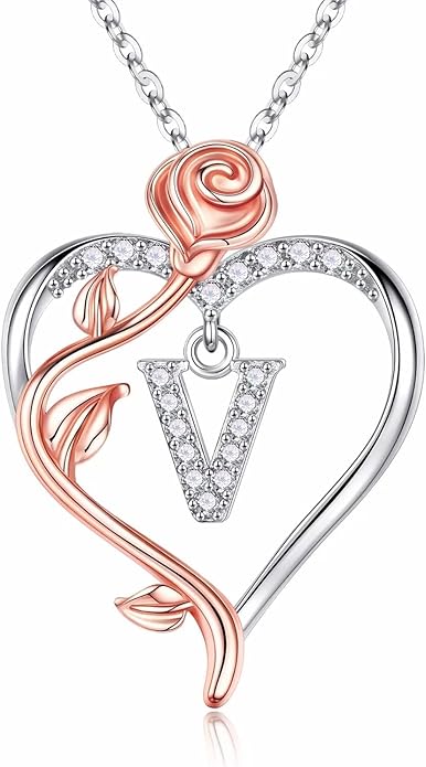 Iefil Rose Heart Necklaces Gifts for Women - 925 Sterling Silver Rose Heart Initial Necklace, Anniversary Birthday Gifts for Women, Jewelry Gift for Her Wife Girlfriend Mom Daughter
