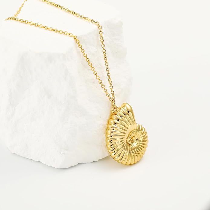 Charm Necklace for Women, 14K Gold Plated Shell Sun Starfish Summer Beach Necklace 16+3" Paperclip Chain Jewelry Gifts