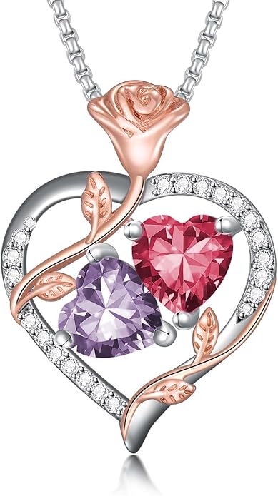 Jewelry for Her Double Heart Rose Birthstone Pendant Necklace Anniversary Jewelry Christmas Birthday Gifts for Women Wife Girlfriend