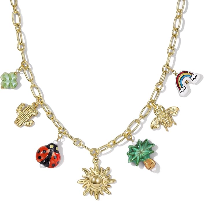 KissYan Charm Necklace for Women, 14K Gold Plated Heart Starfish Sun Pendant Fashion Link Chain Boho Summer Beach Jewelry Gifts