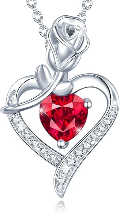 AGVANA Rosy Reverie Birthstone Necklace for Women Sterling Silver Genuine or Created Gemstone Rose Flower Heart Pendant Necklace Anniversary Birthday Gifts for Women Mom Wife Her