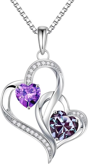 Iefil Birthstone Necklace for Women - 925 Sterling Silver Double Birthstone Heart Necklace | Anniversary Birthday Gifts for Women | Personalized Gifts | Jewelry Gifts for Wife Mom Girlfriend