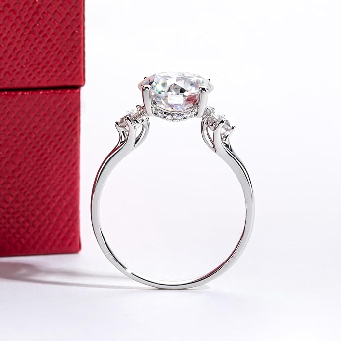 Solid 14K Gold 3.36ct Moissanite Three Stone Rings (3ct Center Stone), Round/Oval/Emerald Shape, Real Gold | D Color and Flawless Moissanite | Wedding Anniversary Ring