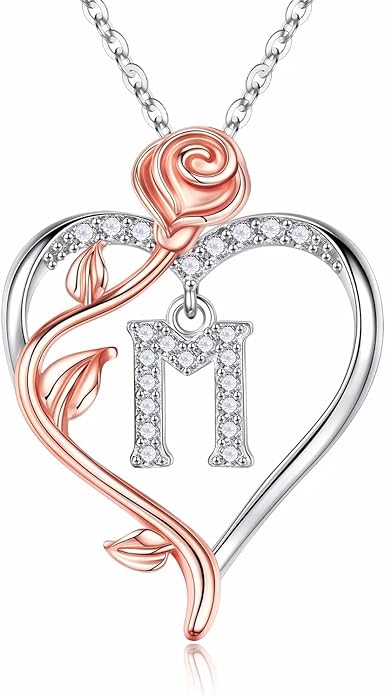 Iefil Rose Heart Necklaces Gifts for Women - 925 Sterling Silver Rose Heart Initial Necklace, Anniversary Birthday Gifts for Women, Jewelry Gift for Her Wife Girlfriend Mom Daughter