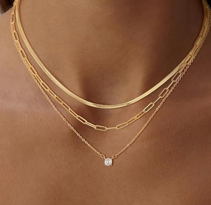 ASCOMY Layered Necklaces for Women Dainty Gold Necklace 14K Gold Plated Herringbone Necklace for Women Pearl Cross Necklace Paperclip Cuban Figaro Rope Satellite Chain Gold Choker Trendy Jewelry Gift