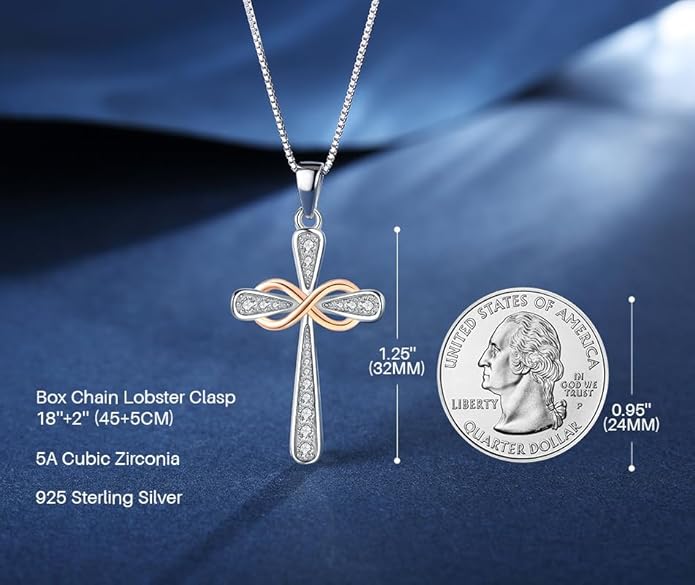 925 Sterling Silver Cross Necklace for Women Big Faith Infinity Pendant Necklace Silver Chain 18+2''