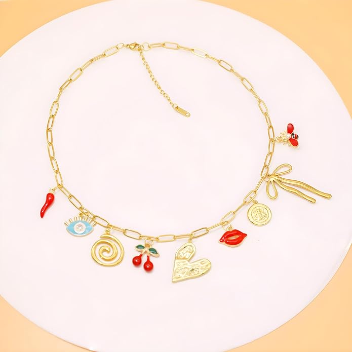 Chunky Retro Heart Necklace for Women Antique Layer Beach Ocean Moon Stars Western Boho Charm Necklaces Retro Link Chain Jewelry