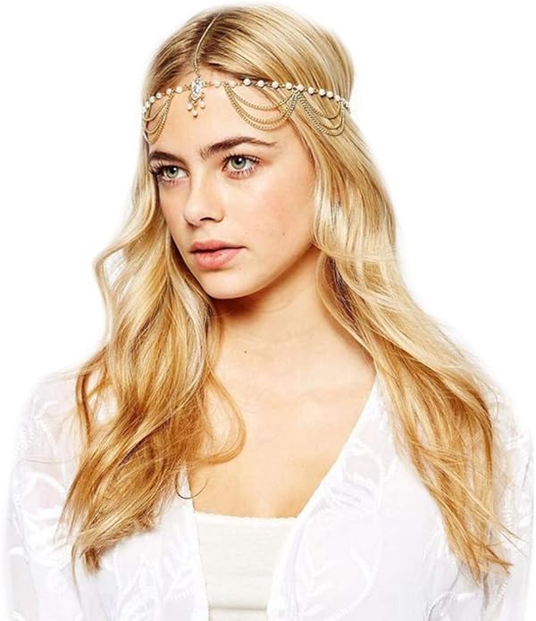 Boho Pearl Hair Chain Gold Tassel Headpiece Gypsy Festival Wedding Hair Accessories for Women