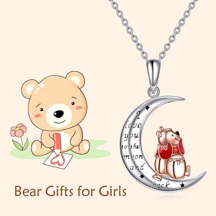 LILALO Bear Necklace Sterling Silver Moon Jewelry with I Love You To the Moon And Back Bear Gifts