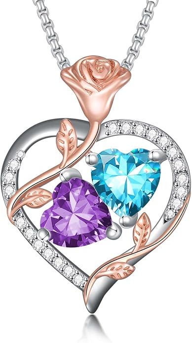 Jewelry for Her Double Heart Rose Birthstone Pendant Necklace Anniversary Jewelry Christmas Birthday Gifts for Women Wife Girlfriend
