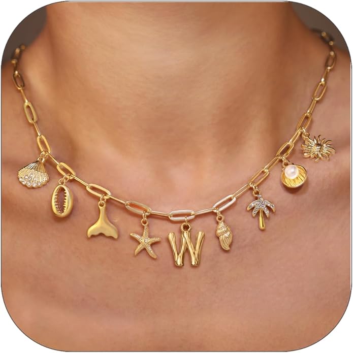 Initial Charm Necklace For Women Shell Letter Necklaces Gold Charms Pendant Boho Summer Seashell Beach 14k Starfish Surfer Jewelry Gifts