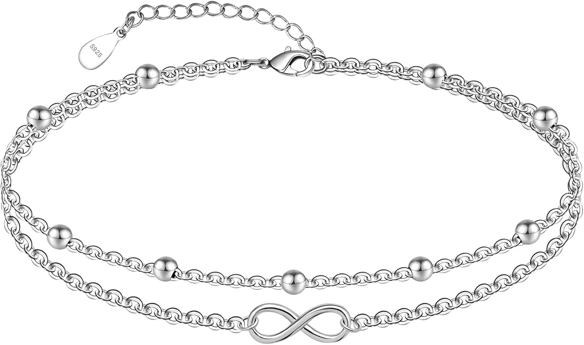 CHIC & ARTSY Womens Sterling Silver Created Opal Layered Anklet Bracelet Dainty Beaded Chain Adjustable 11" Best Friend Anklet