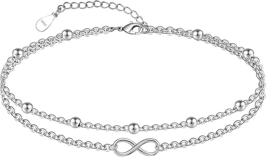 CHIC & ARTSY Womens Sterling Silver Created Opal Layered Anklet Bracelet Dainty Beaded Chain Adjustable 11" Best Friend Anklet