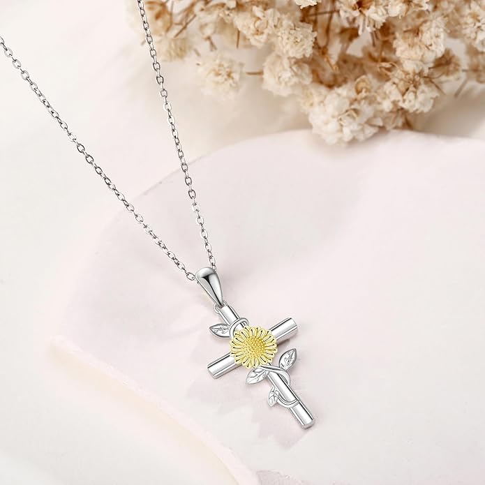 Flower Cross Necklace 925 Sterling Silver Carnation/Rose/Lily/Daisy Cross Necklace Birth Flower Jewelry for Women