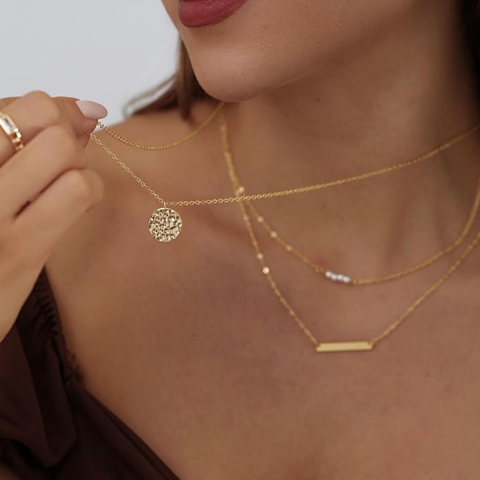 ASCOMY Layered Necklaces for Women Dainty Gold Necklace 14K Gold Plated Herringbone Necklace for Women Pearl Cross Necklace Paperclip Cuban Figaro Rope Satellite Chain Gold Choker Trendy Jewelry Gift