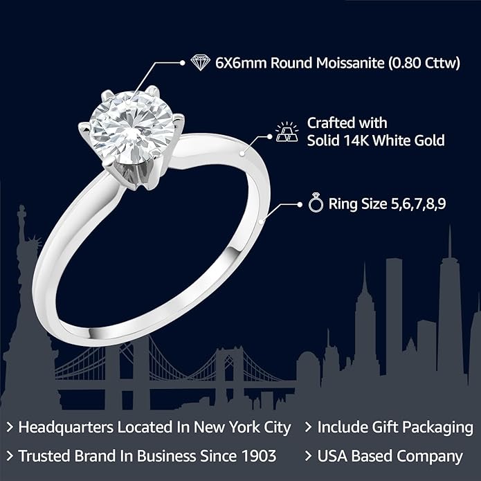 Gem Stone King 14K White Gold Moissanite Solitaire Engagement Ring For Women | 0.80 Cttw | Round 6MM | Gold Ring For Women | Available In Size 5,6,7,8,9