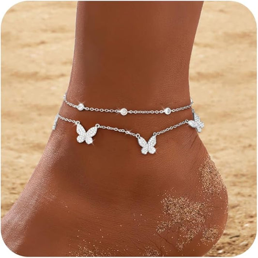 RLMOON Gold Anklets for Women CZ Ankle Bracelet 14K Gold Plated Waterproof Dainty Layered Tennis Heart Dot Chain Silver Clover Anklet Trendy Foot Jewelry