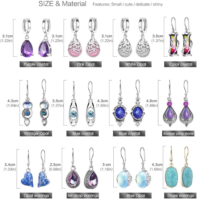 Hefanny 12 Pairs Teardrop Druse Crystal Drop Dangle Earrings for Women Cubic Zirconia Huggie Hoop Earring Jewelry Set Christmas Gifts