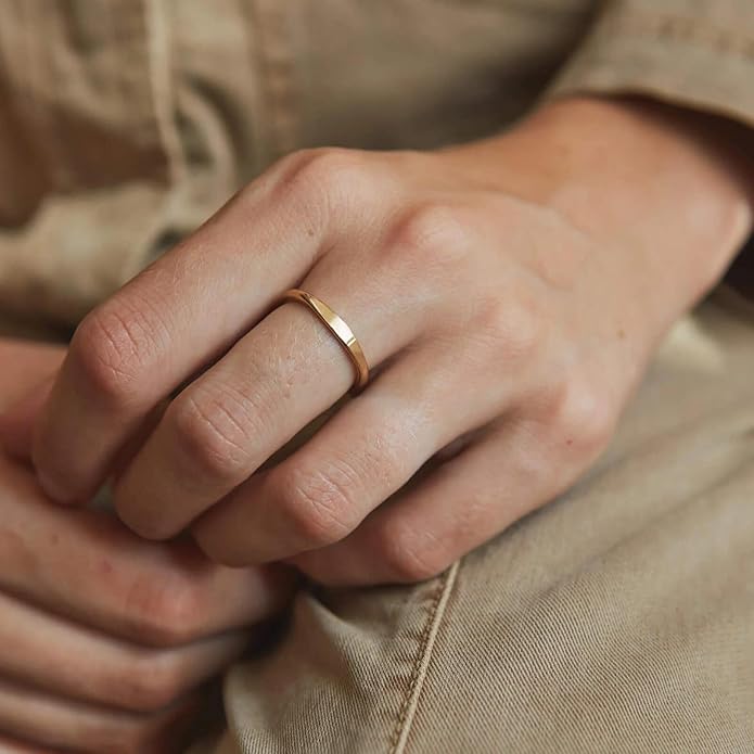 NOKMIT 1.5mm 14K Gold Filled Slim Signet Rings Thin Croissant Pinky Ring for Women Girls Dainty Gold Twisted Stacking Statement Flat Ribbed Plain Band Comfort Fit Size 4 to 10