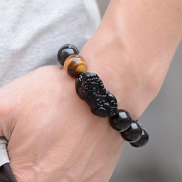 Black Obsidian Bracelet,Feng Shui Black Obsidian Wealth Bracelet for Women Men Stretch Obsidian Bracelet Bangle with Pixiu Tiger Eye Stone Attract Wealth Money and Good Luck