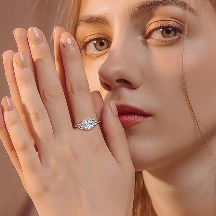 DAYBYDAY Celtic Birthstone Rings for Women 925 Sterling Silver Heart/Round/Pear/Oval Created Gemstone Moissanite Halo Engagement Promise Rings for Her Wife Birthday Anniversary Wedding Jewelry