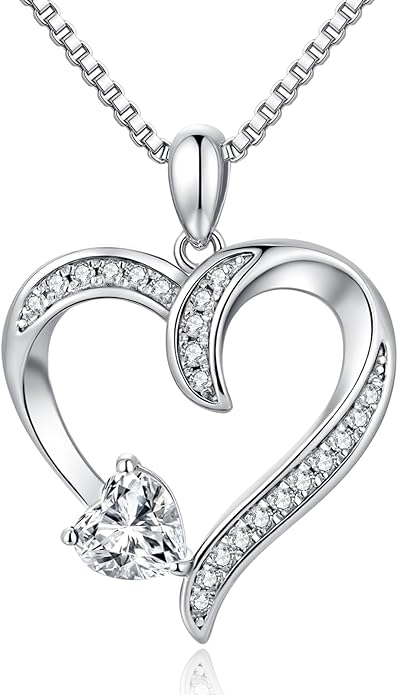 Love Heart Necklace for Women, 925 Sterling Silver Cubic Zirconia Diamond Heart Pendant Jewelry Gift for Mom, Mother, Wife, Girlfriend on Wedding, Birthday, Mother's Day, Chain 18 inch
