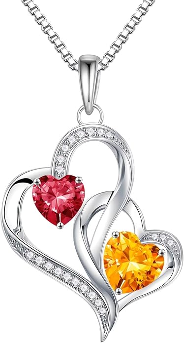 Iefil Birthstone Necklace for Women - 925 Sterling Silver Double Birthstone Heart Necklace | Anniversary Birthday Gifts for Women | Personalized Gifts | Jewelry Gifts for Wife Mom Girlfriend